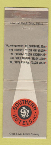 Matchbook Cover - Southern Hotels Wichita Falls Pampa Lubbock TX WEAR