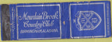 Matchbook Cover - Mountain Brook Country Club Birmingham AL POOR