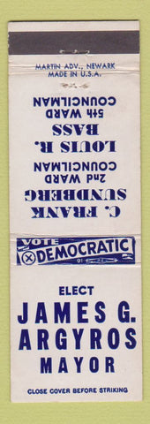 Matchbook Cover - James Argyros Mayor Election Roselle NJ