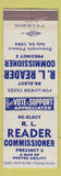 Matchbook Cover - RL Reader Commissioner 1954 Election