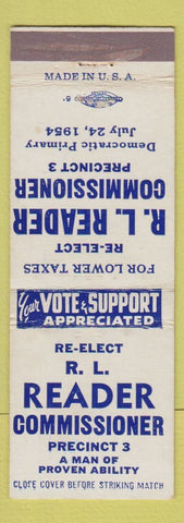 Matchbook Cover - RL Reader Commissioner 1954 Election