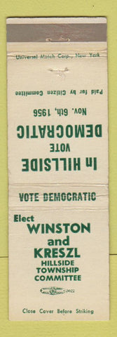 Matchbook Cover - Winston and Kreszl Election Hillside Township NJ 1956 WEAR