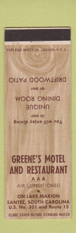Matchbook Cover - Greene's Motel and Restaurant Santee SC Lake Marion