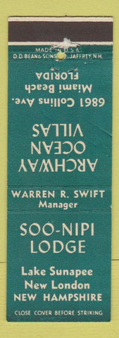 Matchbook Cover Archway Ocean Villas Miami Beach FL Soo Nipi Lodge New London NH