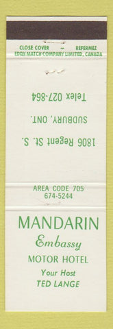 Matchbook Cover - Mandarin Embassy Motor Hotel Sudbury ON
