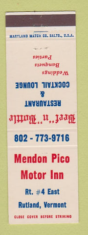 Matchbook Cover - Mendon Pico Motor Inn Rutland VT Beef n Bottle