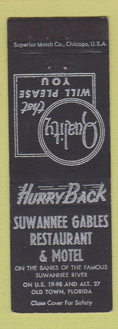 Matchbook Cover - Suwannee Gables Restaurant Motel Old Town FL BLACK