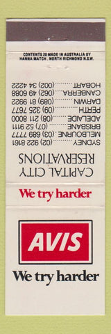 Matchbook Cover - Avis Car Rentals Sydney Melbourne Brisbane Perth Australia