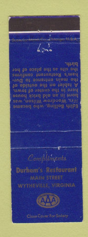Matchbook Cover - Durham's Restaurant Wytheville VA WEAR