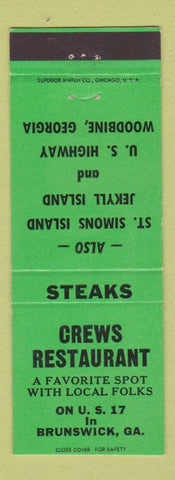 Matchbook Cover - Crews Restaurant Brunswick Woodbine GA Jekyll Island