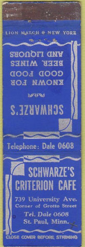 Matchbook Cover - Schwartze's Criteron Cafe St Paul MN
