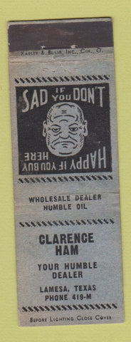 Matchbook Cover - Clarence Ham Humble oil gas Lamesa TX