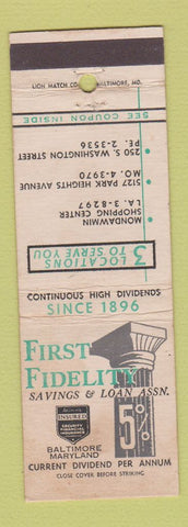 Matchbook Cover - First Fidelity Savings and Loan Baltimore MD WEAR
