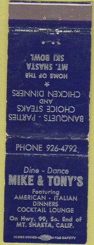 Matchbook Cover - Miek Tony's Italian food Mount Shasta CA WEAR
