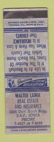 Matchbook Cover - Walter Lange Real Estate Insurance Davenport IA ADVANCE WEAR