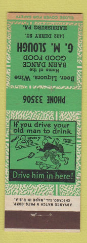 Matchbook Cover - GM Slough Restaurant Harrisburg PA ADVANCE GREEN