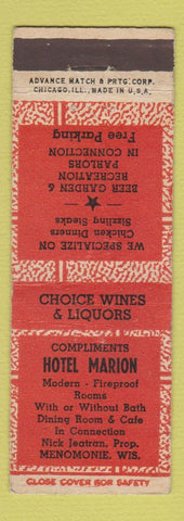 Matchbook Cover - Hotel Marion Menomonie WI ADVANCE
