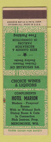 Matchbook Cover - Hotel Marion Menomonie WI ADVANCE GREEN
