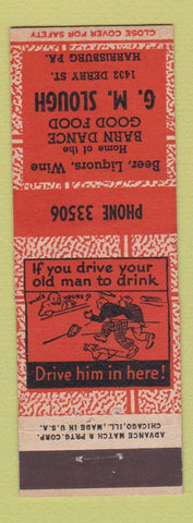 Matchbook Cover - GM Slough Restaurant Harrisburg PA ADVANCE RED