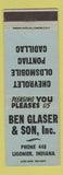 Matchbook Cover - Ben Glaser Chevrolet Oldsmobile Pontiac Cadillac Ligonier IN
