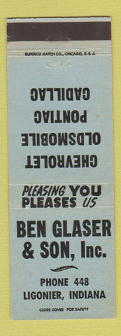 Matchbook Cover - Ben Glaser Chevrolet Oldsmobile Pontiac Cadillac Ligonier IN
