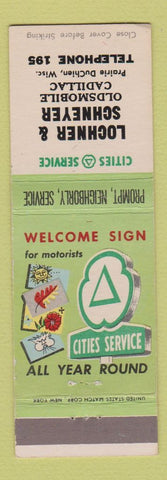 Matchbook Cover - Cities oil gas Oldsmobile Cadillac Prairie DuChien WI