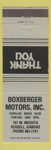 Matchbook Cover - Boxberger Cadillac Buick Oldsmobile Pontiac GMC Russell KS