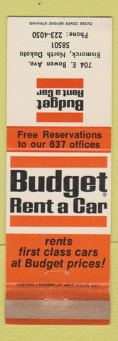Matchbook Cover - Budget Car Rentals Bismarck ND WORN