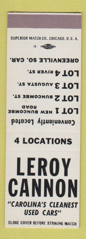 Matchbook Cover - Leroy Cannon Used Cars Greenville SC SAMPLE