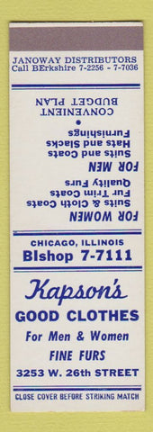 Matchbook Cover - Kapson's Clothes Chicago IL SAMPLE