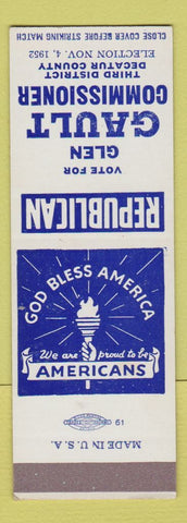 Matchbook Cover - Glen Gault Commissoner Election Decatur County 1952 SAMPLE