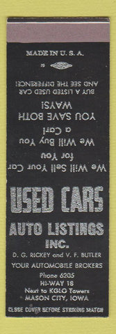Matchbook Cover - Auto Listings Car Sales Mason City IA SAMPLE