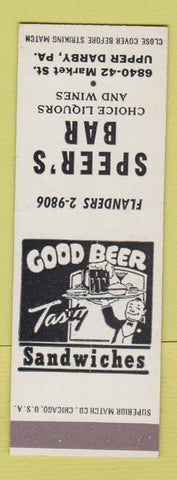 Matchbook Cover - Speer's Bar Upper Darby PA SAMPLE