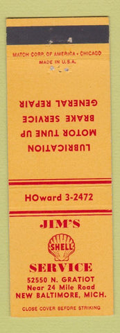 Matchbook Cover - Jim's Shell oil gas New Baltimore MI