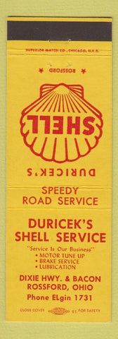 Matchbook Cover - Shell oil gas Duricek's Rossford OH