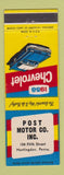 Matchbook Cover - 1958 Chevrolet Post Motors Huntingdon PA