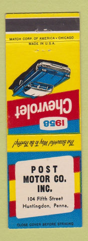 Matchbook Cover - 1958 Chevrolet Post Motors Huntingdon PA