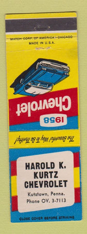 Matchbook Cover - 1958 Chevrolet Harold Kurtz Kutztown PA