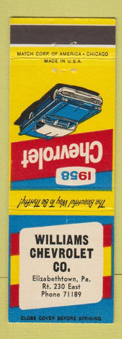 Matchbook Cover - 1958 Chevrolet Williams Elizabethtown PA