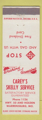 Matchbook Cover - Carey's Skelly oil gas Warrensburg MO