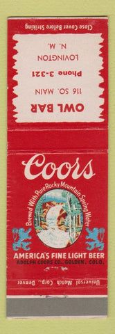 Matchbook Cover - Coors Beer Owl Bar Lovington NM