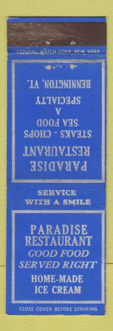 Matchbook Cover - Paradise Restaurant Bennington VT Federal