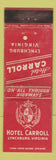 Matchbook Cover - Hotel Carroll Lynchburg VA Federal WEAR
