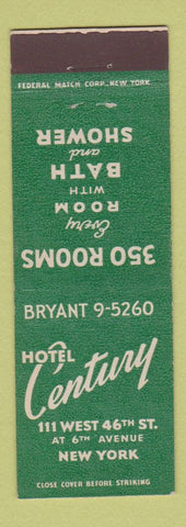 Matchbook Cover - Hotel Century New York City Federal