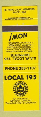 Matchbook Cover - UAW Union Windsor ON Local 195