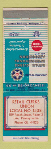 Matchbook Cover - Retail Clerks Union Erie PA WEAR