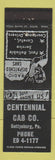 Matchbook Cover - Centennial Cab Taxi Gettysburg PA
