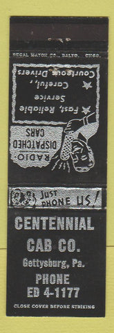 Matchbook Cover - Centennial Cab Taxi Gettysburg PA