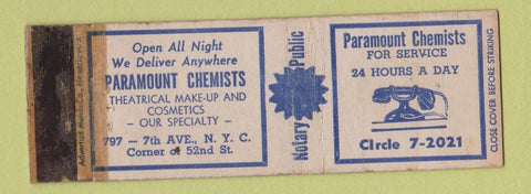 Matchbook Cover - Paramount Chemists Drug New York City POOR