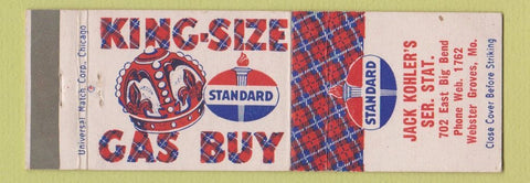 Matchbook Cover - Standard oil gas Jack Kohler's Webster Groves MO